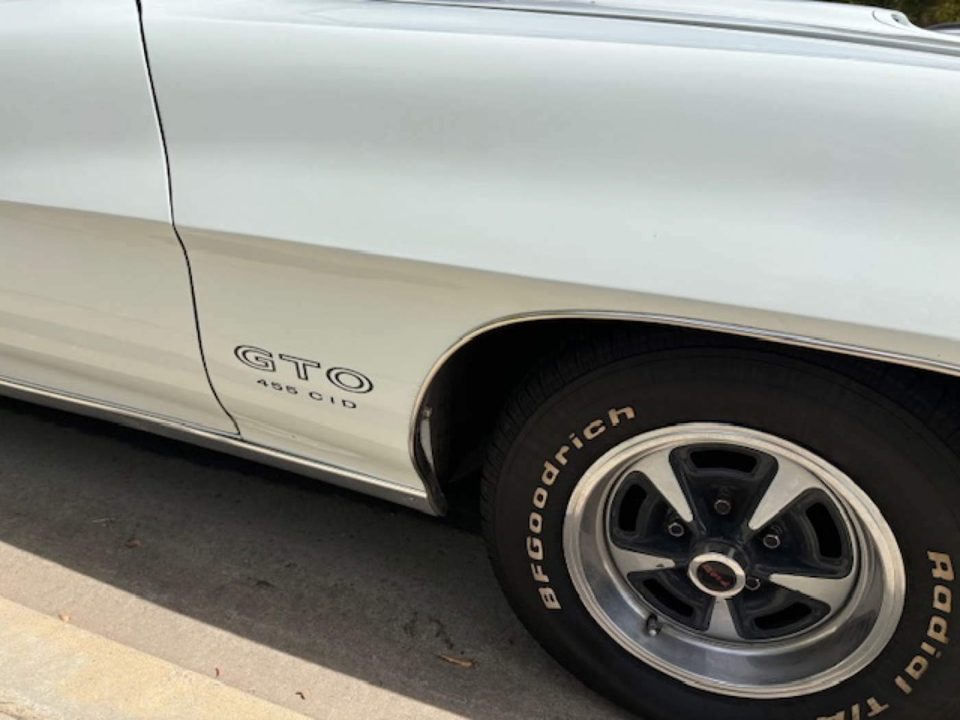 Close-up of crisp GTO badge and rally wheel